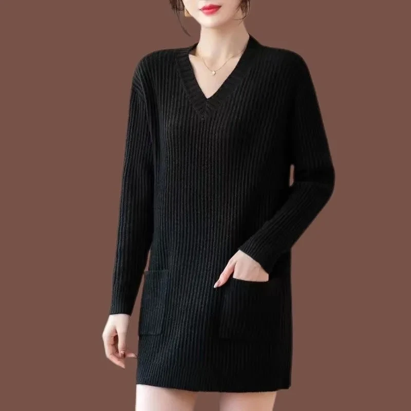 Large Size Women Knitting Sweater Dress And Pullover 2024 New Female Fashion High-end Mid length Wool Knitted Sweaters