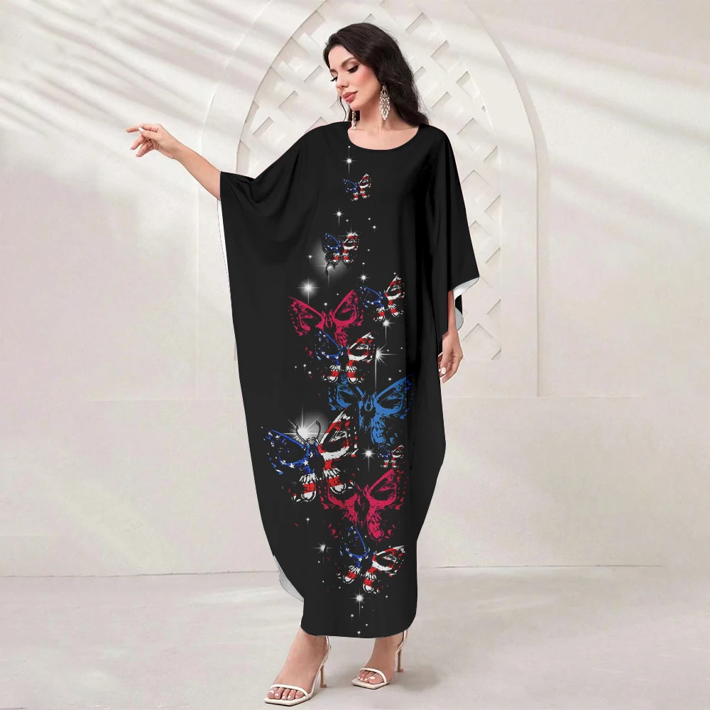 Gold Butterfly Sexy O Neck Batwing Sleeve Long Gown Dress 2024 Summer Classic Casual Dresses Women's Elegant Muslim Dresses