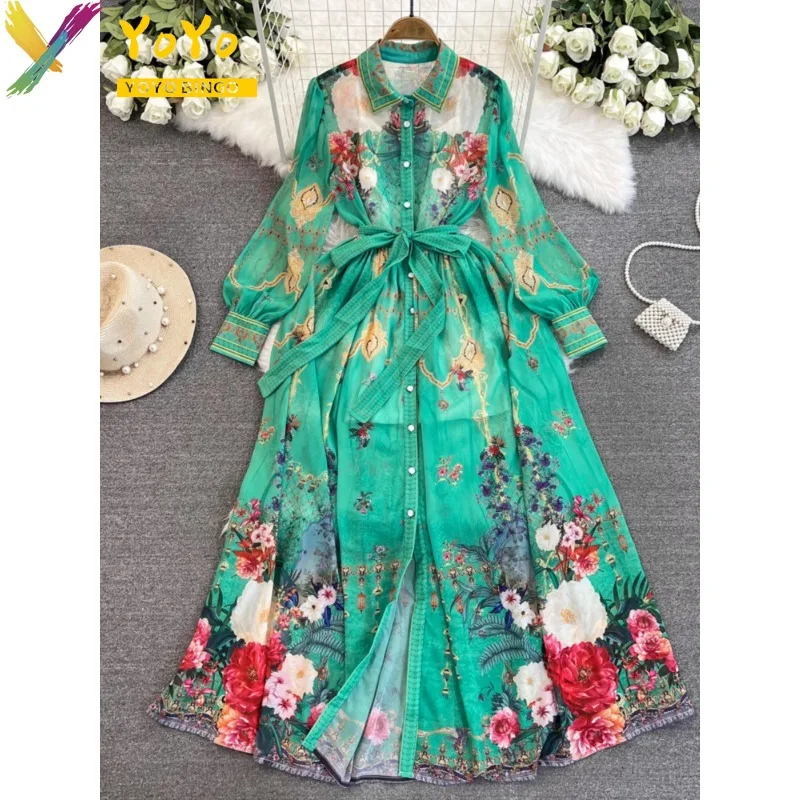 Elegant green print Lantern Sleeve Belt Shirt A-line Dress Women New Fashion Palace style Luxury Slim Bodycon Party Dress