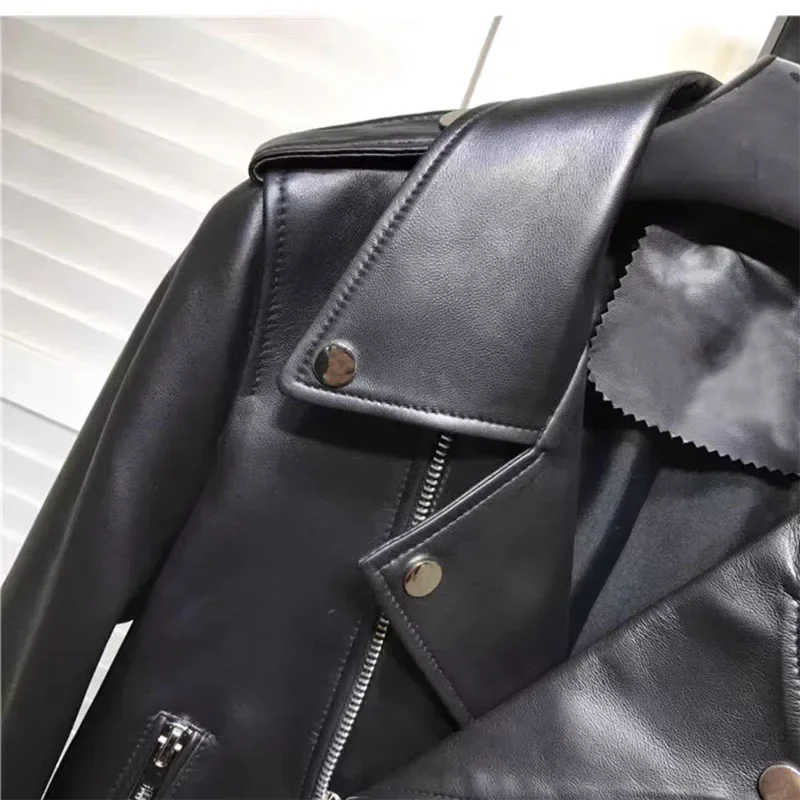 Locomotive Style Women Coat Spring Autumn 2025 New Arrival Short Length Genuine Leather Jacket Turn-Down Collar Clothes