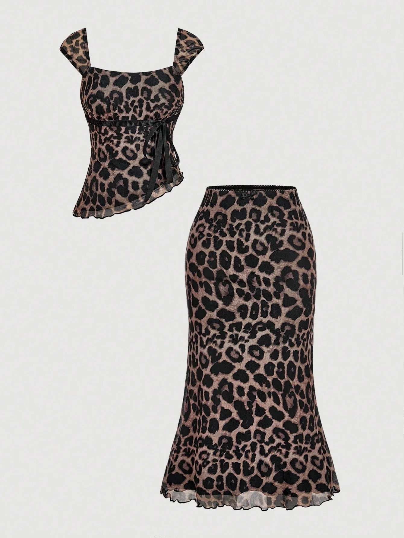 

Leopard Print Mesh Top And Skirt Two Piece Set Chic Fitted Women Autumn