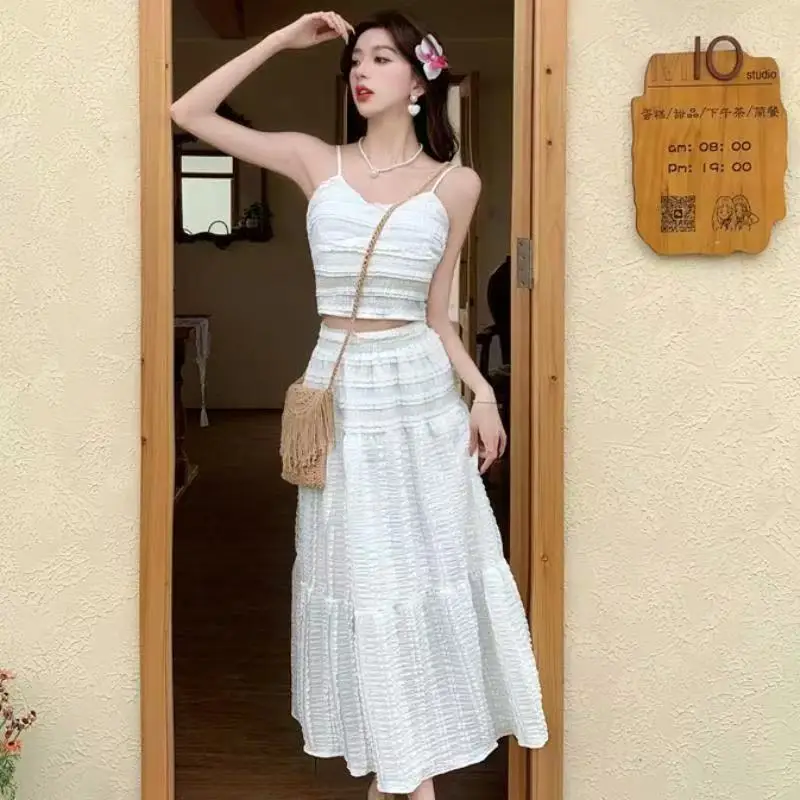 French gentle style summer new high waisted cake skirt+fashionable camisole vest two-piece set
