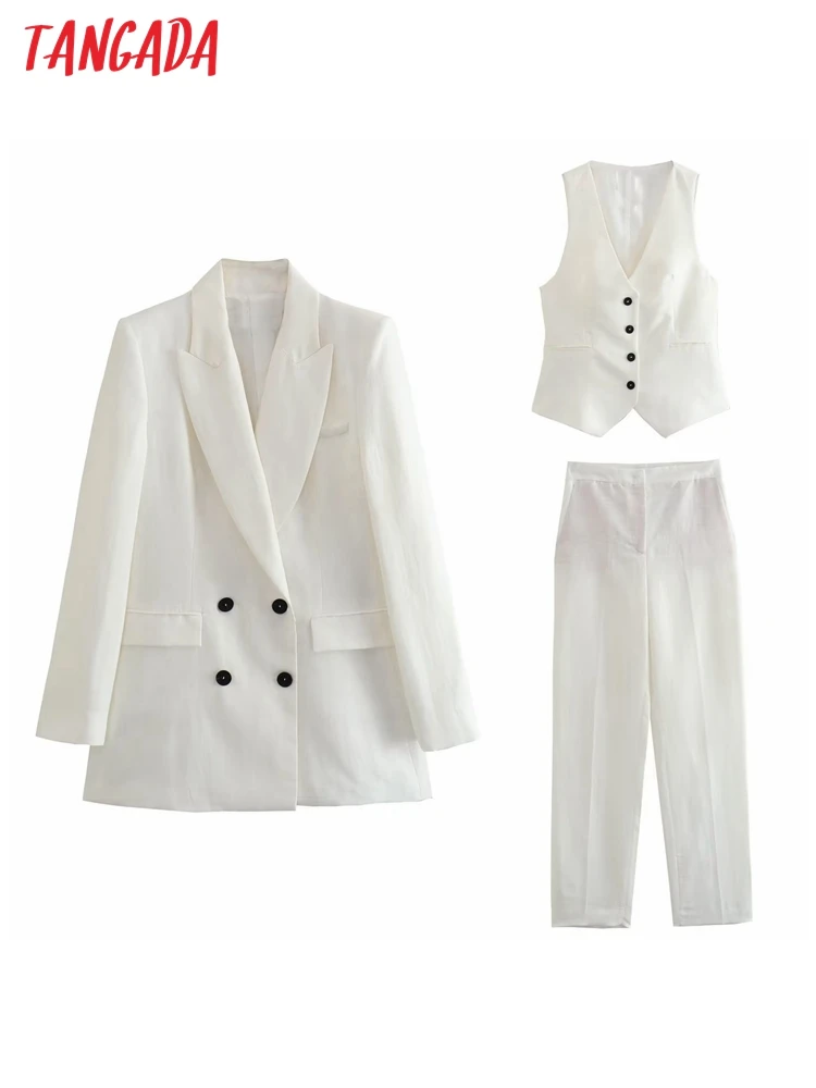 Tangada 2023 Women Vintage Cotton Linen White Cropped Waistcoat Female Chic Sleeveless Coat 4M355