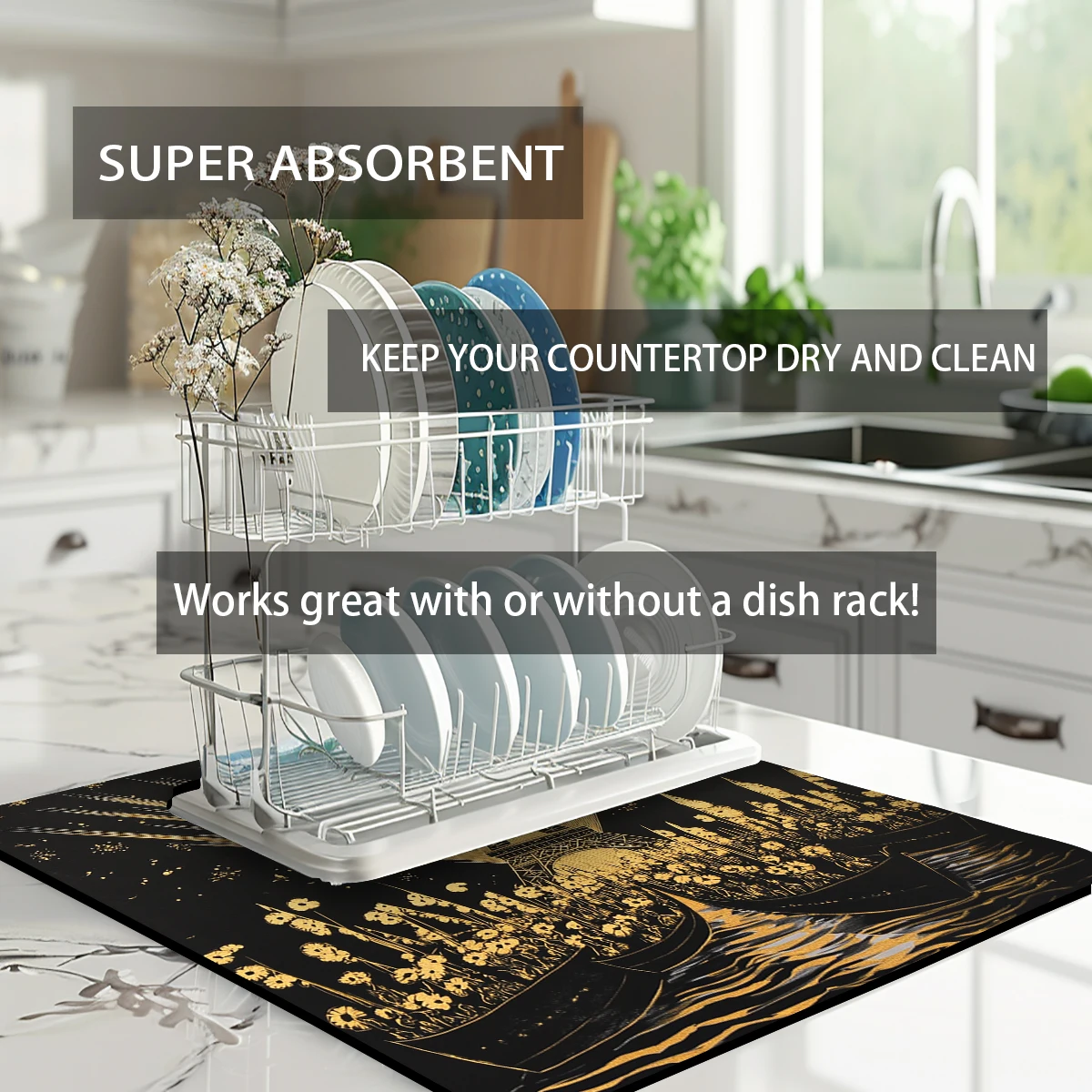 Absorbent Anti-slip Coffee Dish Mats Paris Tower Boats  Kitchen Absorbent Draining Mat Drying Mat Quick Dry Bathroom Drain Pad