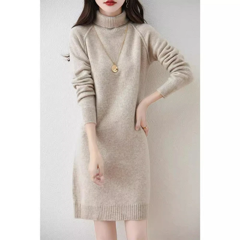 

Women Knit Dress Turtleneck Thick Warm Dresses Midi Length Solid Straight Long Sleeve Vestidos Casual Knitted Autumn 2025