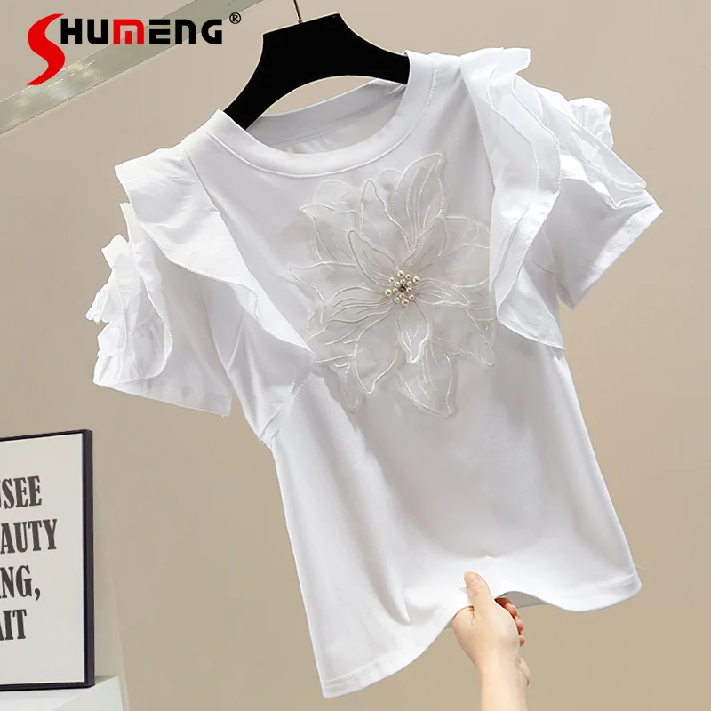 

Fashion 2024 Women Beads Rhinestones Sweet Tridimensional Flower Round Neck Pullover Short Sleeve T-shirt Women Slim Fit Top