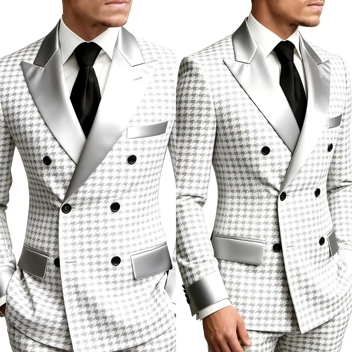 Luxury White Houndstooth Double-Breasted Suit with Silver Satin Lapel and Contrast Buttons Men Gala Tuxedo Customized M266937