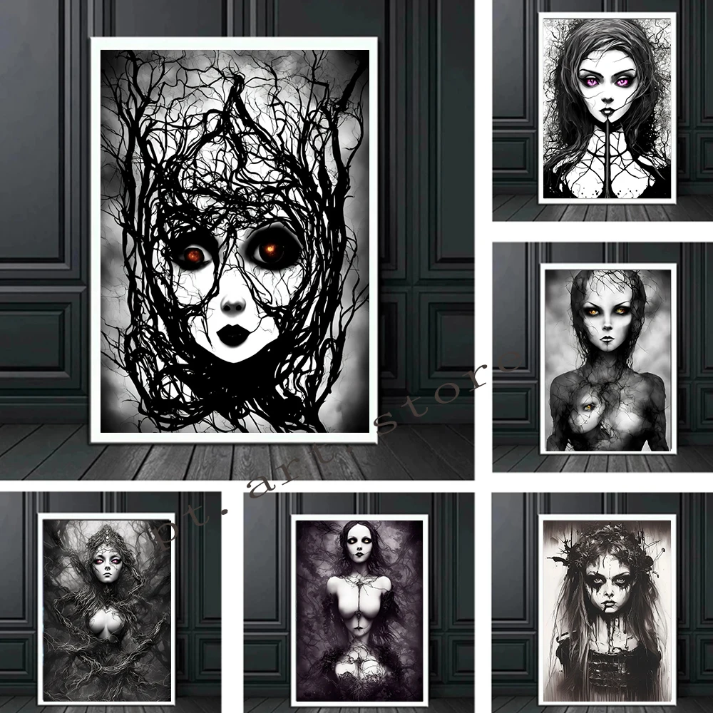 

Gothic Horror Ghost Vampire Canvas Print Dark Style Abstract Tree Roots Woman Art Posters Painting Retro Living Room Home Decor