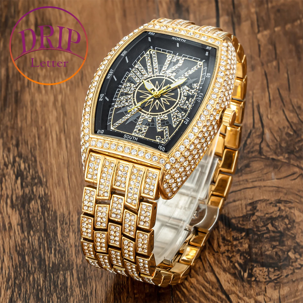 Drip Letter Digital Diamonds Watch for Men Quartz Clock Luxury Rhinestone Business Waterproof Hip Hop Fashion Jewelry 2023 Trend