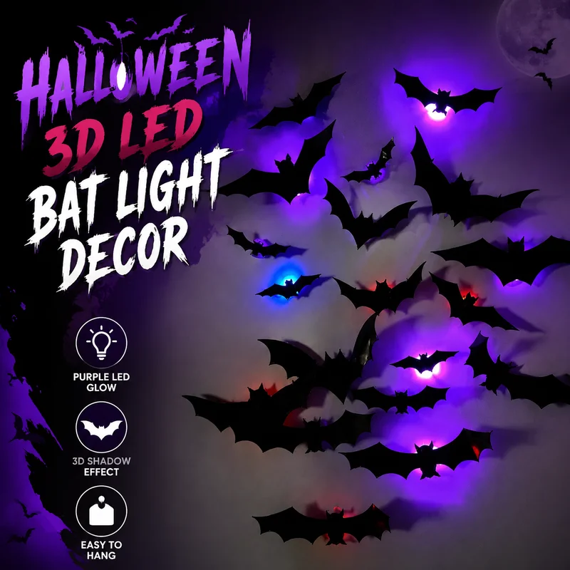 12pcs Halloween 3d Luminous Bats Wall Stickers Led Decor Pet Ornament For Garage Party Home Wall Decoration Night Light Gift