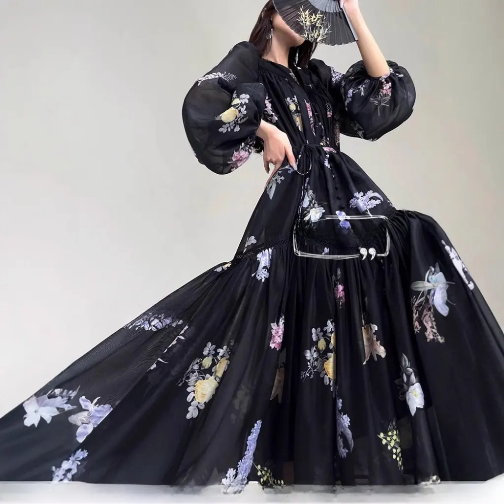 Australian Chiffon Swing Skirt Dress for Women Printed Girly Summer Lace Loose Doll Princess Style