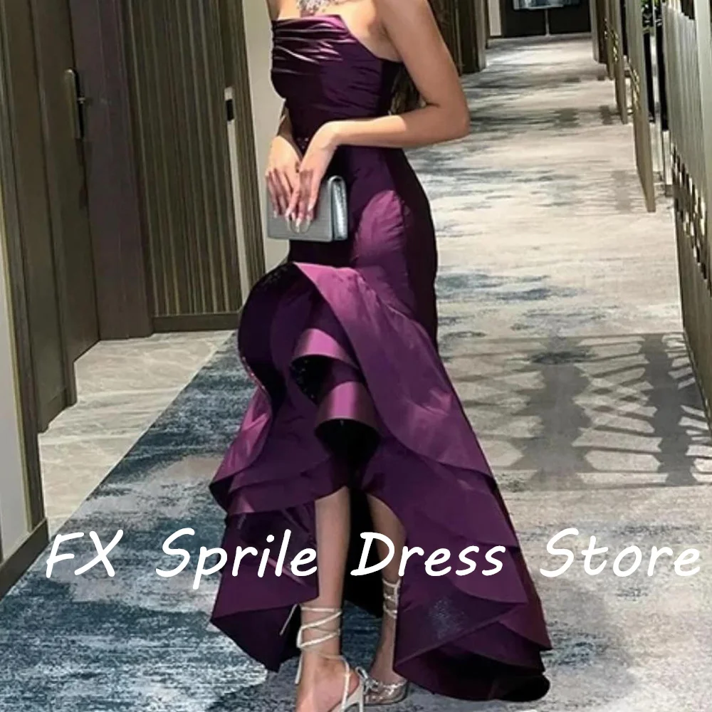 Strapless Sleeveless Satin Asymmetrical Ruffle Tiered Backless Floor Length Sequined Elegant Evening Dress Bespoke Occasion Gown