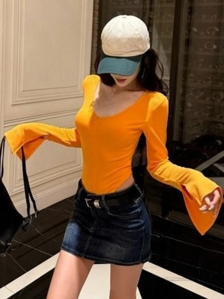 Y2k Aesthetic Sexy Zipper Jumpsuits Autumn Harajuku Grunge Women Flare Sleeve T-shirt Streetwear Slim Fit Vintage Solid Tees