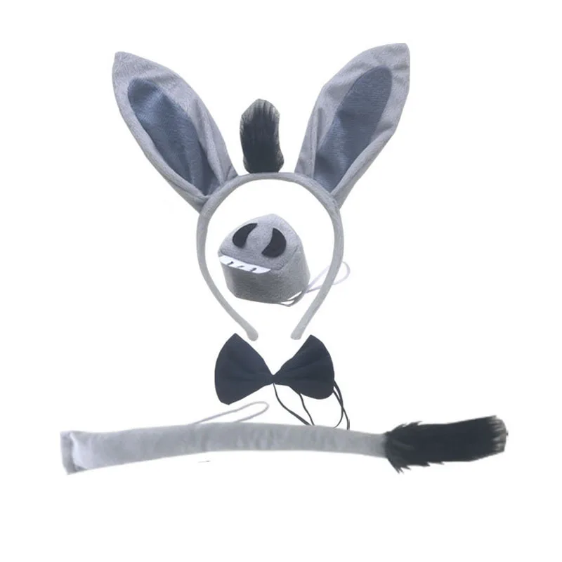 Volwassenen Kids Pluche Jongen Donkey Hoofdband Staart Tie Poot Neus Dier Verjaardagsfeestje Cosplay Kostuum Kerst Halloween