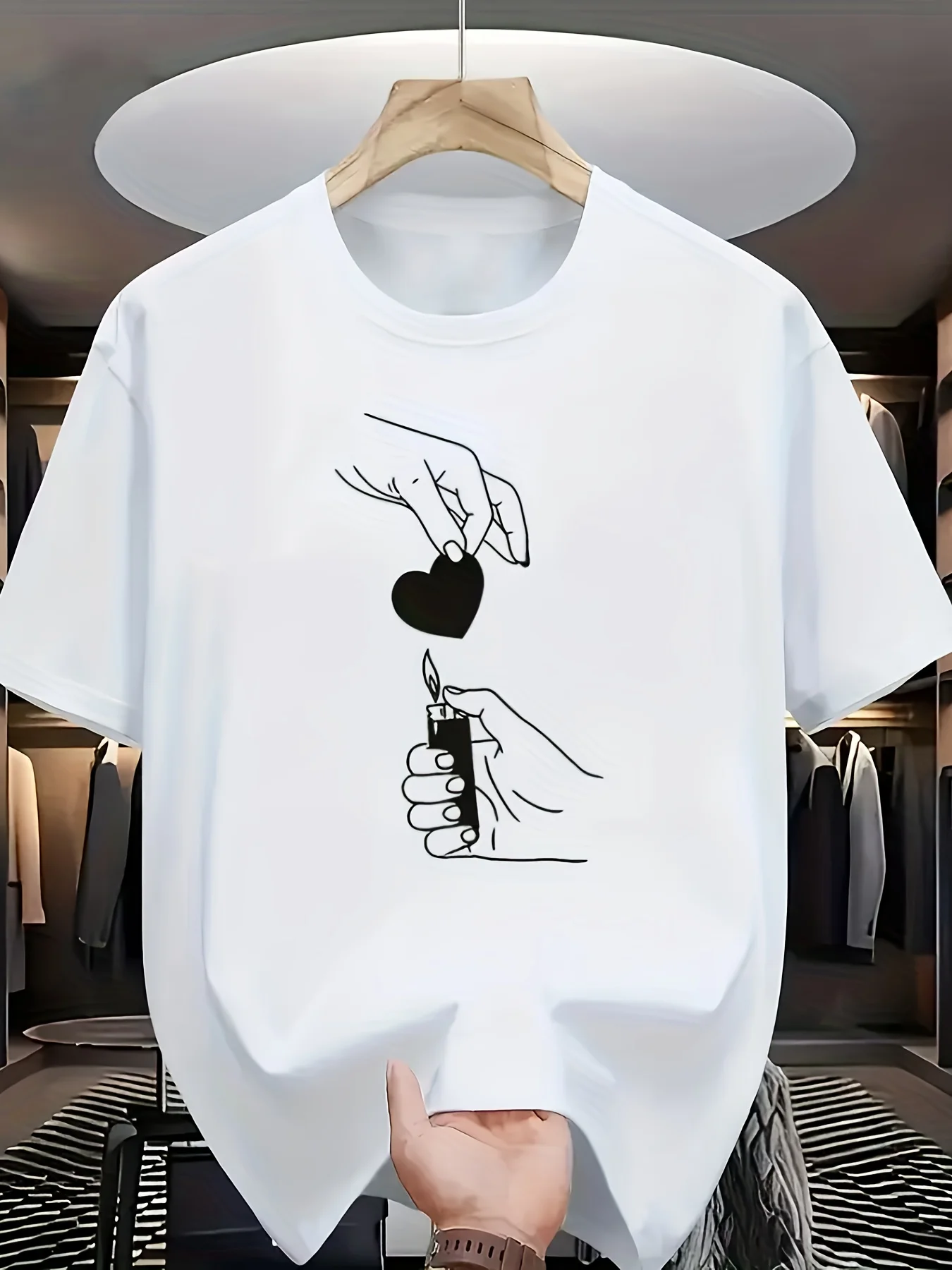 

Men's Lighter & Heart Flame Print T-Shirt - Casual Short Sleeve Round Neck Summer Top with Ignition Design