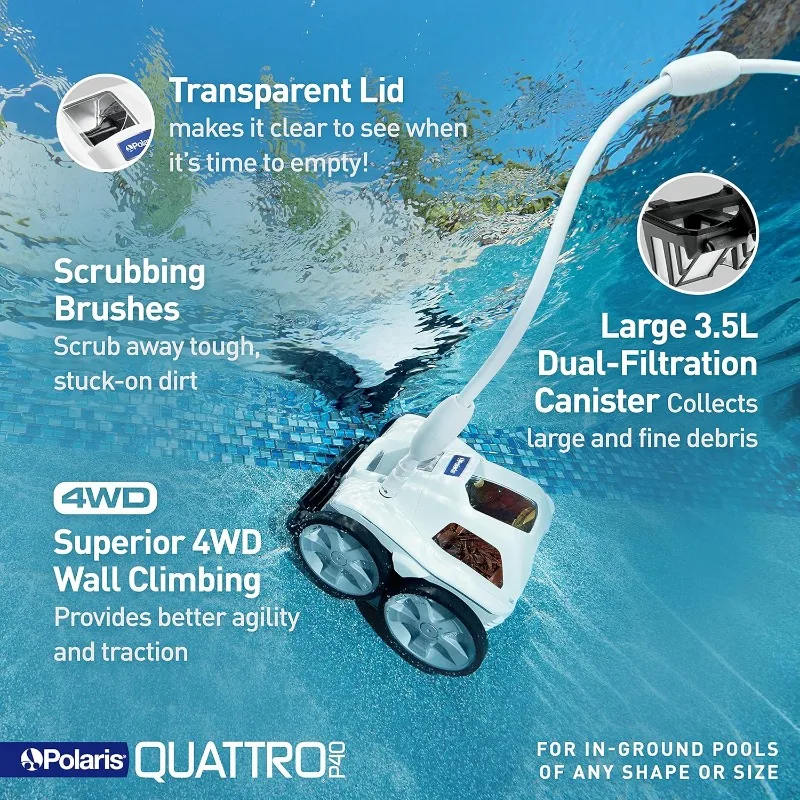Polaris Quattro P40 Pressure Side Pool Cleaner for All In-Ground Pool Surfaces, Large-Capacity Dual Filtration Canister