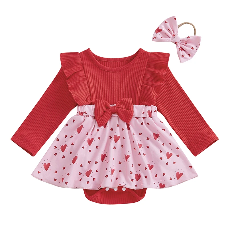 

Newborn Girl Outfit Long Sleeve Crew Neck Heart Print A-line Romper Dress with Bowknot Headband Valentine’s Day Clothes