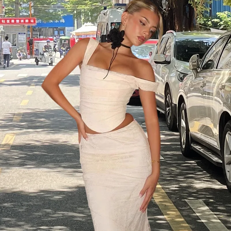 2026 Spring New Lace Square Neck Backless Tie Strap Camisole Sexy Hip Hugging Mermaid Maxi Skirt Set Women