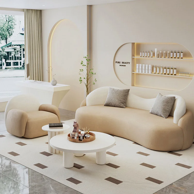 Nordic curved small apartment household fabric sofa, beauty salon lounge area reception double sofa