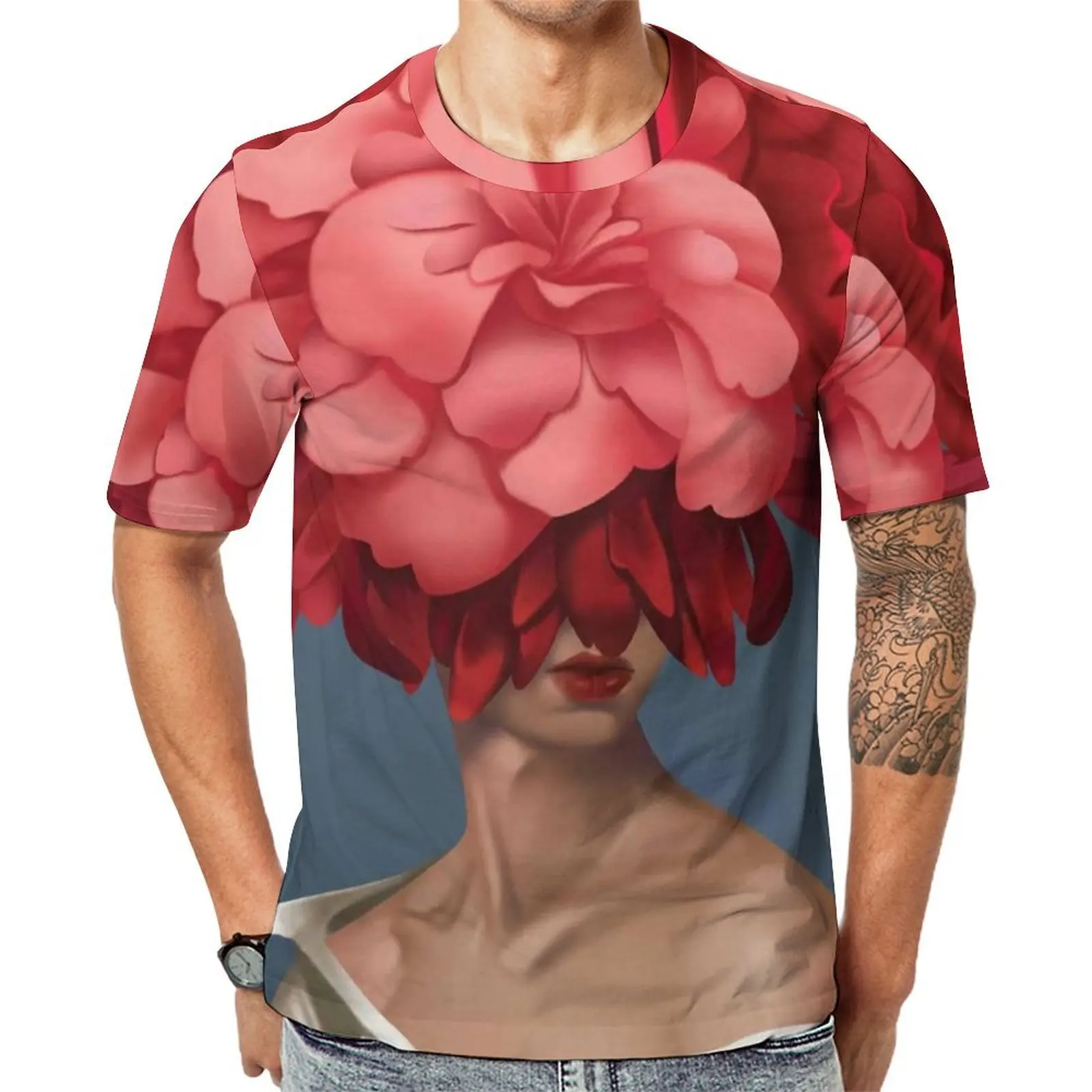 Big Size T Shirt Summer Abstract Women Head T Shirts Bouquet Red Flower Print Casual O Neck Tshirt Male Harajuku Custom Clothing