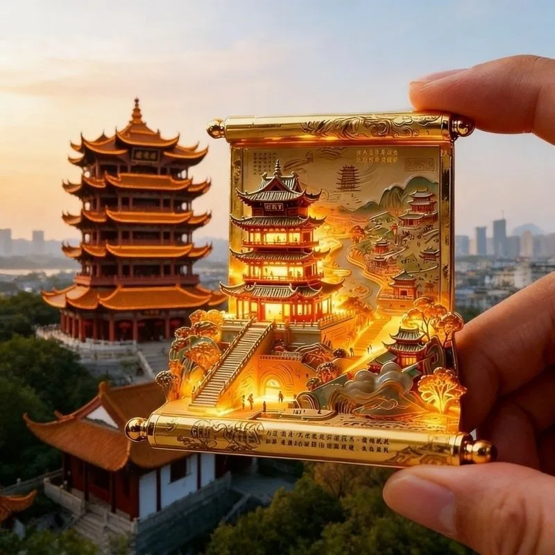 Original Chinese Cultural Creative Metal Fridge Magnet Four Famous Towers Yueyang Yellow Crane Tengwang Lushan Collectible Gift