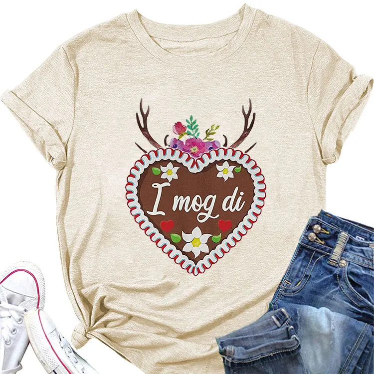 

Summer new short sleeve T-shirt love antler flower print trend casual crew-neck top