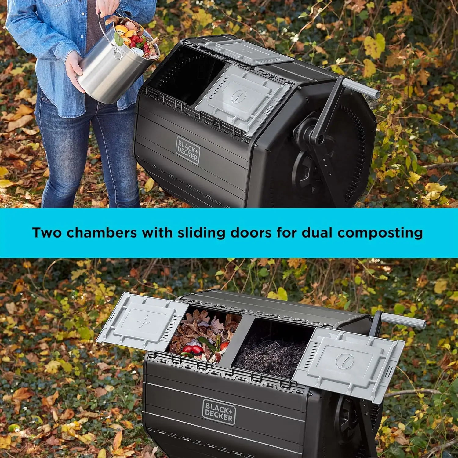 Compost Tumbler, Dual Chamber Composter, 40 Gallon, Easy Handle System for Composting (BDSTGA9701)