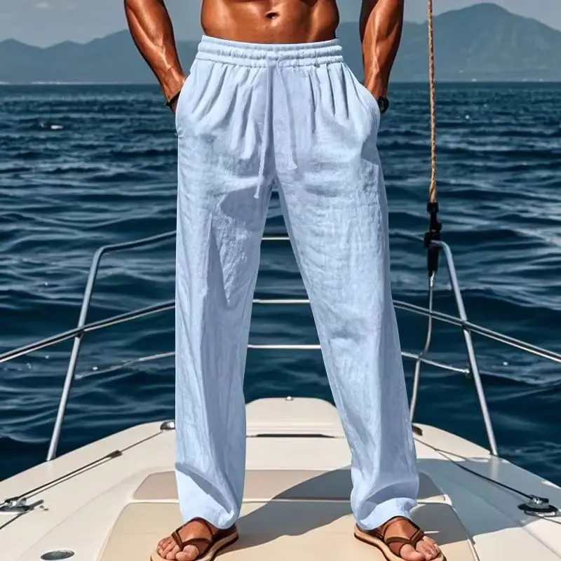 Spring and Summer New Men's Solid-Color Cotton and Linen Casual Long Pants, Hawaiian Beach Loose Sports and Breathable Street Pa
