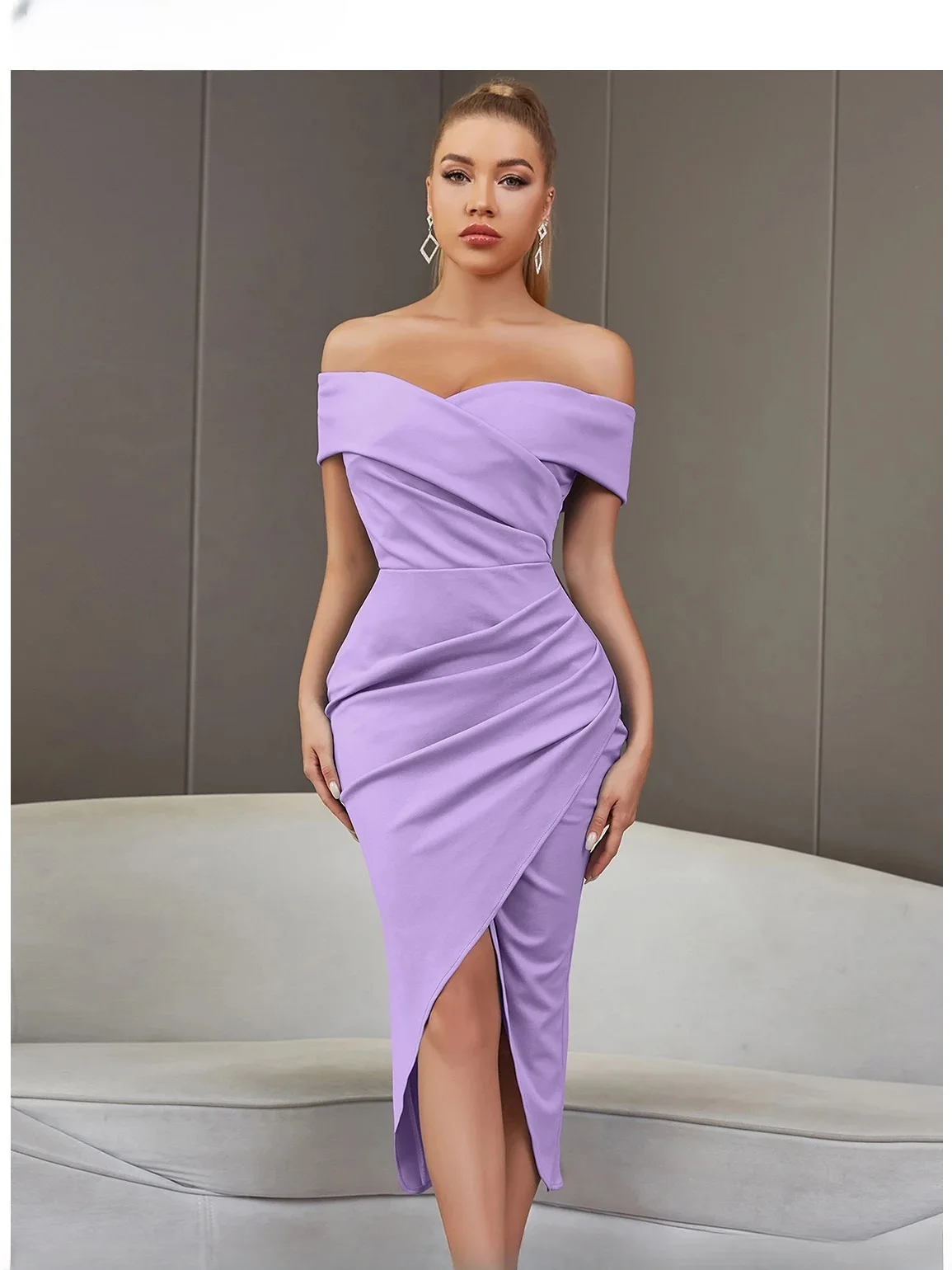 

Элегантный трикотаж на заказ, плиссированные колонны с открытыми плечами, платья миди на заказ, платья для особых случаев, простые размеры в наличии