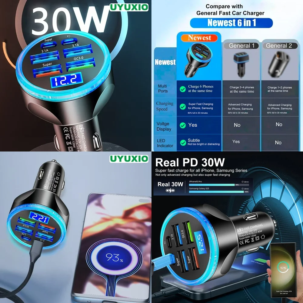 Digital Display 6 Ports for iPhone 17 16 15 14 Pro Max Plus Super Fast Car Charger Fast Charging LED Digital Display Plug PD 30W