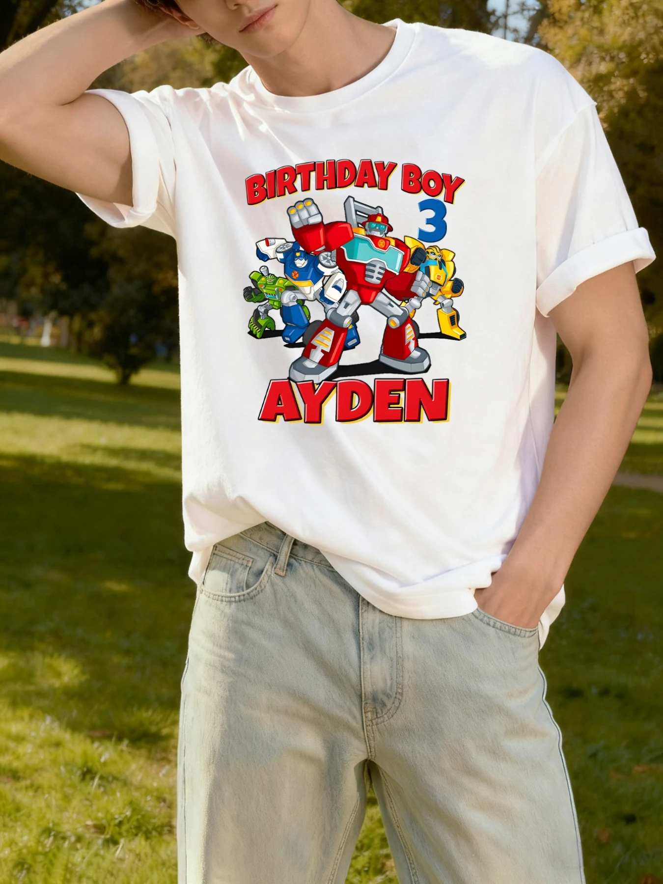 Camiseta Transformers animada "Optimus Prime e Bumblebee" com estampa criativa de 67 números, moda casual com gola redonda