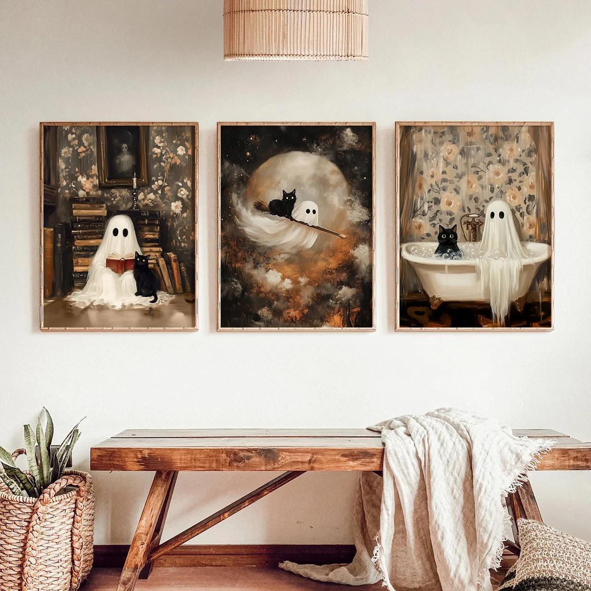 

3pcs/Set Interesting Ghosts and Black Cats, Bathroom Decorations Picture Canvas Poster Prints Abstract Halloween Art Decorations