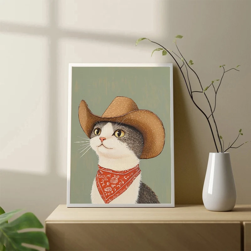 Western Cowboy Animals Portrait Poster Print Canvas Painting Cowboy Hat Cat Dog Rabbit Wall Art Picture for Farmhouse Home Decor