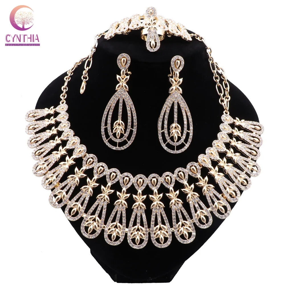 

CYNTHIA New Design Brazil Gold Color Jewelry For Women Dubai Fashion Necklace Earring Ring Bracelet Set Bride Wedding Party Gift