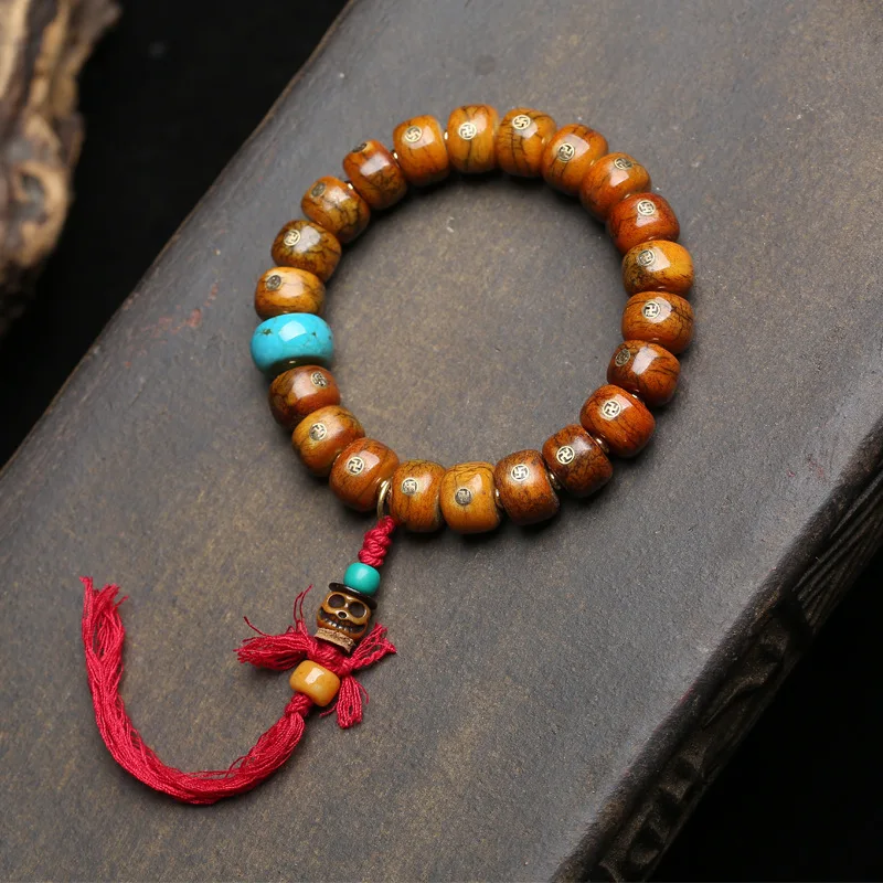 

Tibetan style reflux yak bone bucket bead with ten thousand characters inlaid bracelet,single circle,South Red Agate Buddha bead