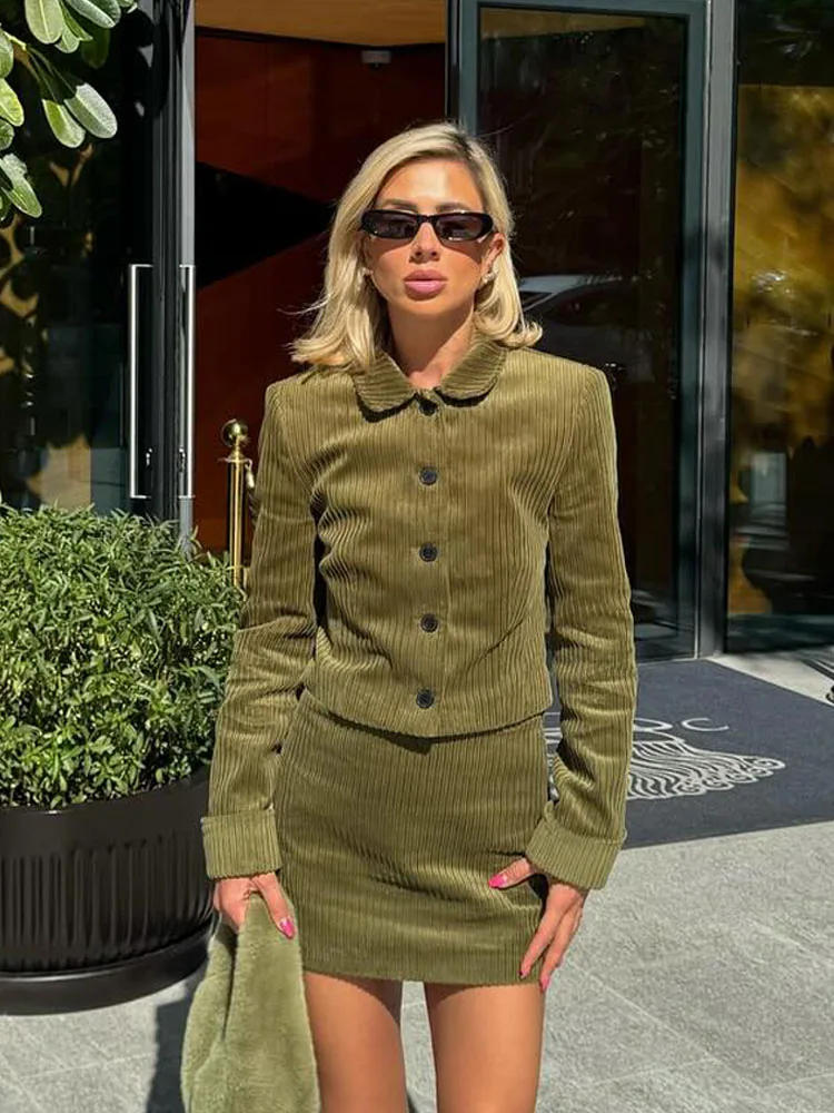 HH Women Fashion Lapel Single-Breasted Button Long Sleeve Corduroy Solid Coat+High Waist Zipper Mini Skirts 2 Piece Set