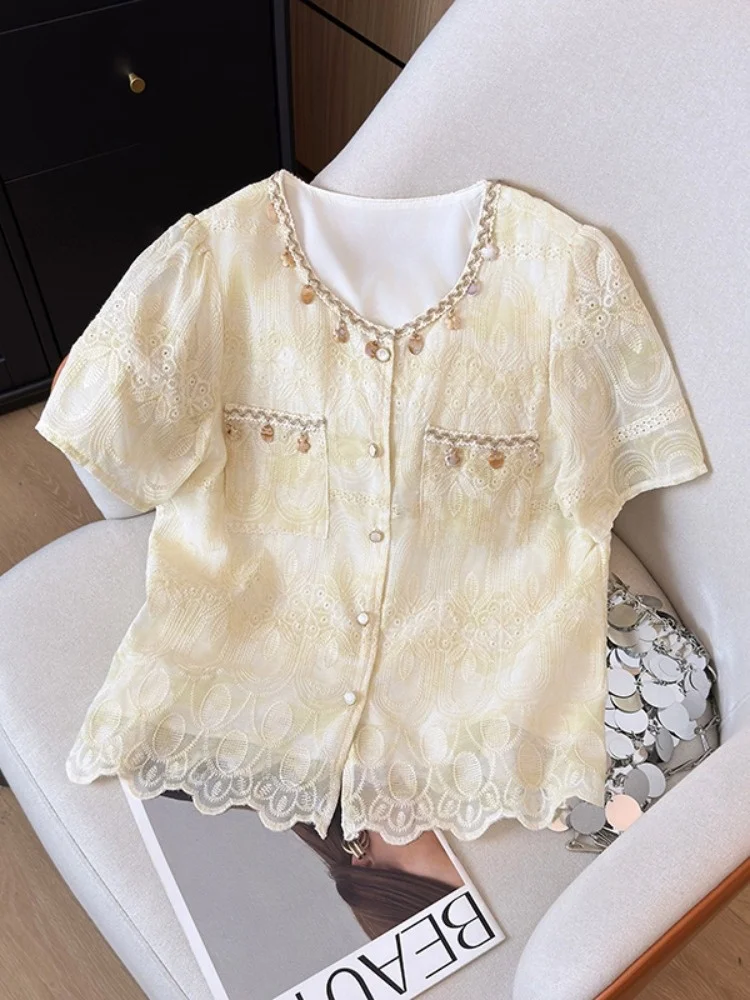 

Elegant Embroidered Hollow Short Sleeve Shirt Women's Fashion High-End Summer New Style Age-Defying Top Quality Polyester Cot...