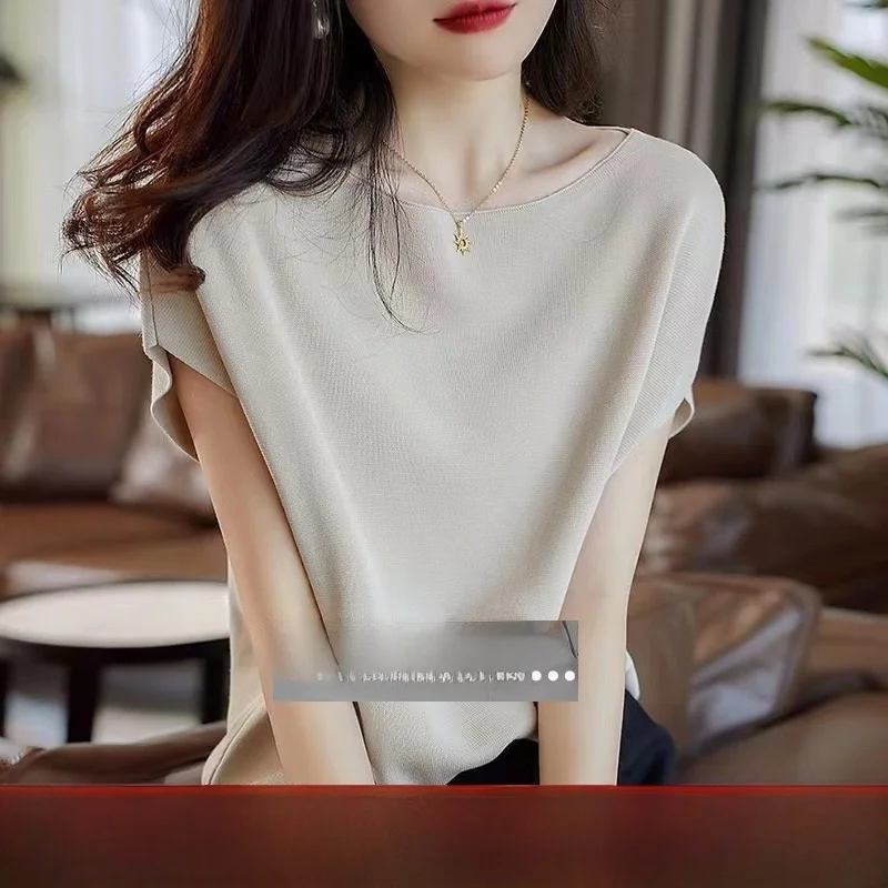 

Outlet Ice Silk ort Sve T-irt Women Summer Casual Knitted Top Loose Fit Batwing Sve Overhead Single Piece Regular T...