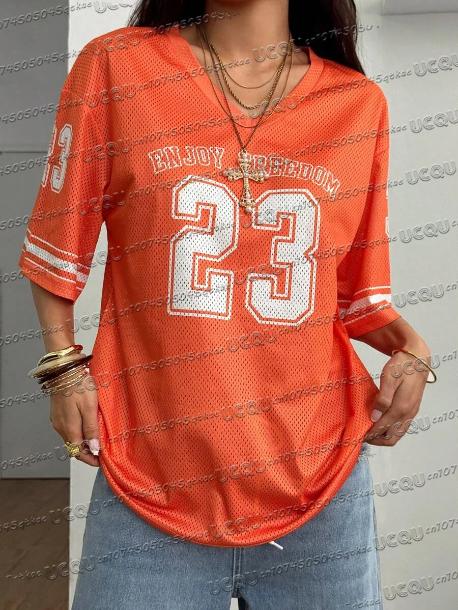 المرأة الصيف جديد شبكة تنفس جيرسي تي شيرت الخامس الرقبة الكتف قطرة الرقمية المطبوعة مثير الزي قصيرة الأكمام Y2k رداء علوي غير رسمي #4