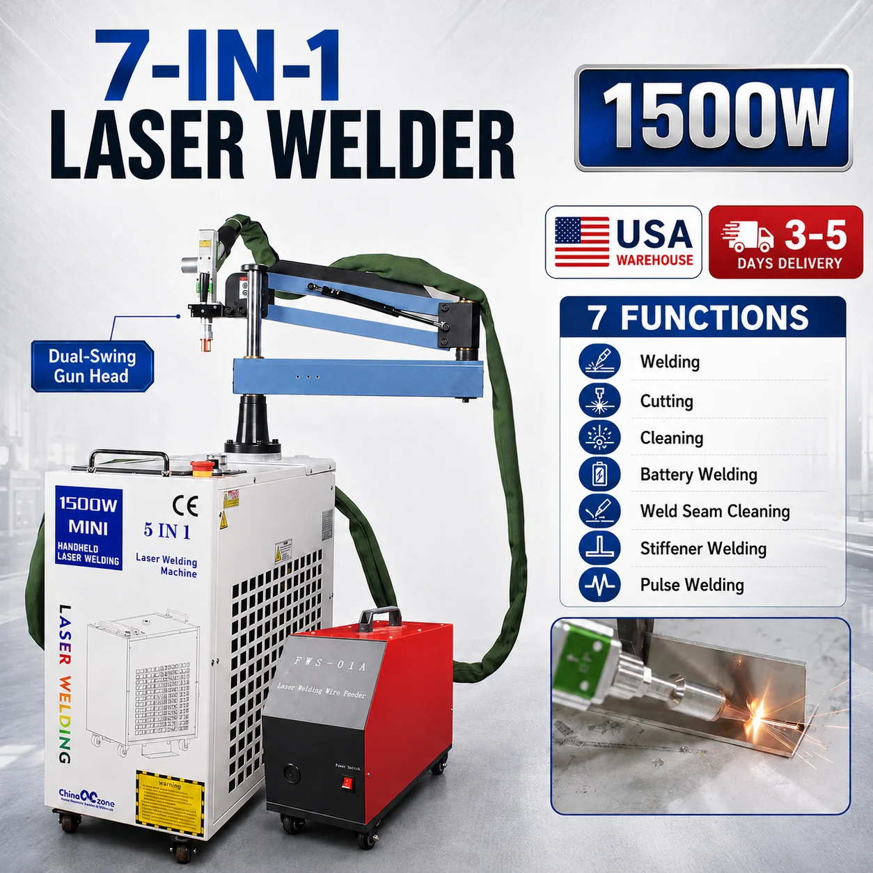 1500W Double Pendulum 7-in-1 Fiber Laser Battery Welding Cleaning Cutting Welding Machine Handheld Laser Welder for All Metal US Shipping