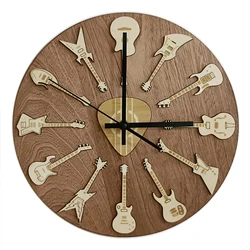 Variety Guitars Wooden Wall Clock For Bedroom Rustic Musical Theme Home Decor Music Wall Art Silent Quartz Clock Guitarist Gift