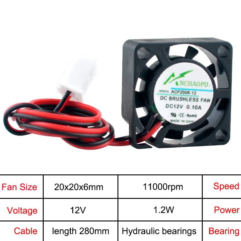 ANCHAOPU ACP2006 2cm 20mm ventilateur 20x20x6mm DC5V/12V/24V 2pin Micro ventilateur de refroidissement pour imprimante alimentation Raspberry Pi