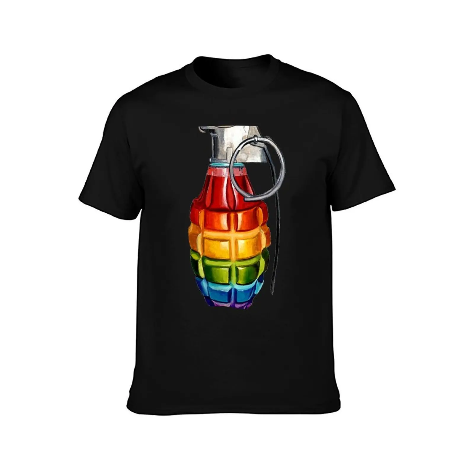 Rainbow Grenade T-Shirt, Summer Casual Cotton Tee, Oversized Streetwear Tops, Vintage Graphic Print, Loose Fit Short Sleeve
