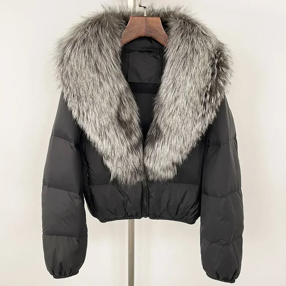 سترة منتفخة الشتاء ريال الطبيعية الثعلب الفراء طوق الخامس الرقبة سميكة الدافئة المرأة بطة أسفل سترة عادية قصيرة الثعلب معطف فرو أبلى #5