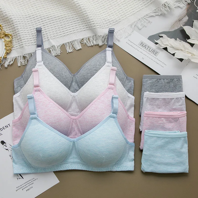 Cotton Wireless Bra Girls Underwear Gather Adjustment Type Student Bra Thin Section Solid Color Puberty Bra Set