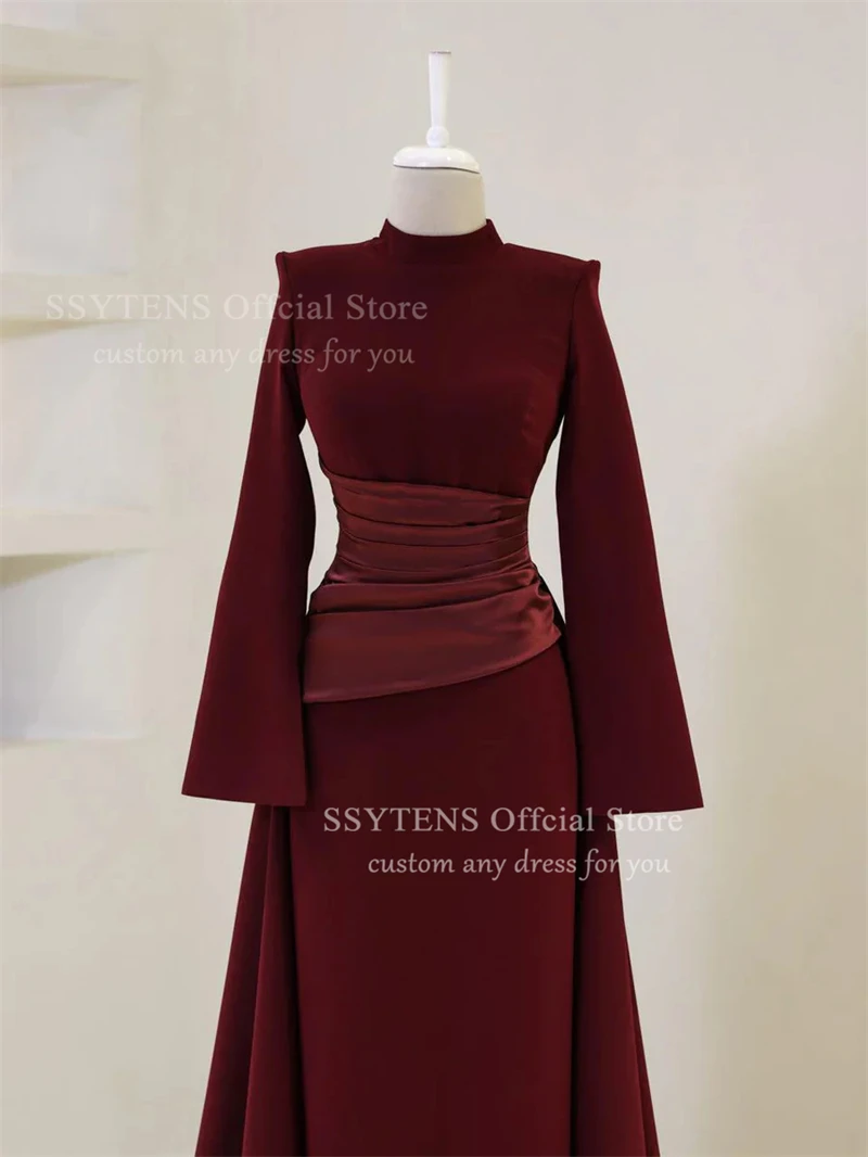 SSYTENS Elegant Burgundy Prom Dresses High-Neck Long Sleeves Mermaid Evening Dresses Muslim Satin Formal Gowns Dubai Customized