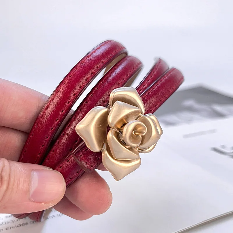 

New genuine leather women's thin belt with flower waist and slimming cowhide belt with sweater dress