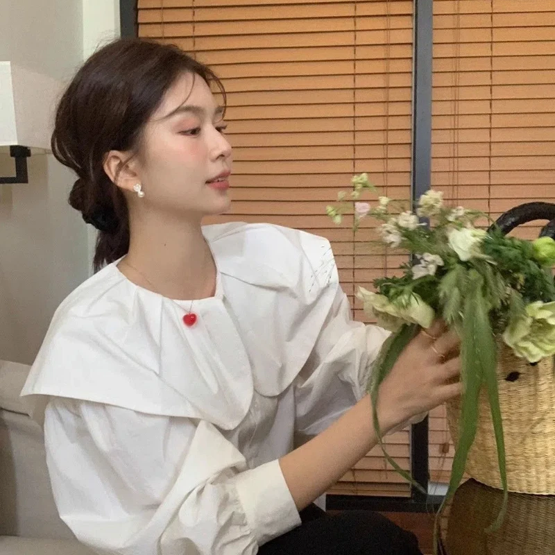 Spring Autumn New Fashion Doll Collar Long Sleeve Solid Color Blouses Women's Clothing Sweet Button Korean All-match Chic Shirts