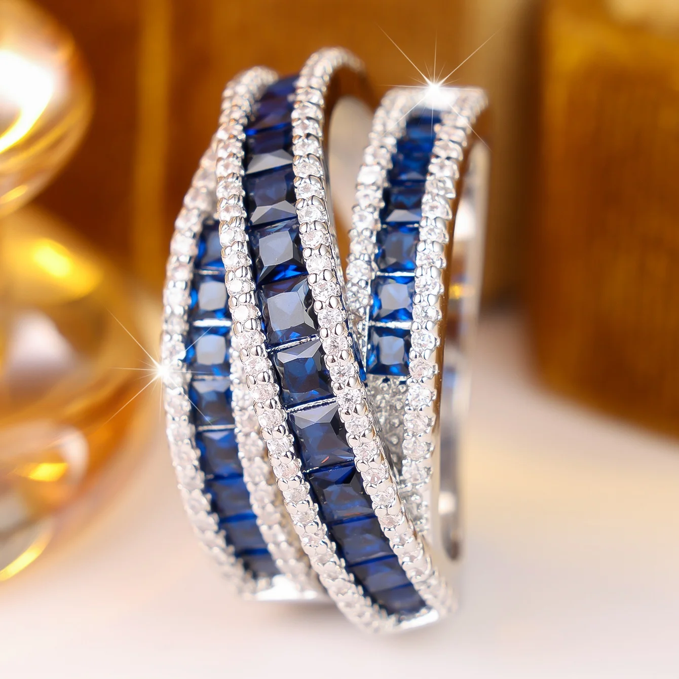 Small Geometric Charm Female Bule Zircon Stone Trendy Finger Ring Vintage Silver Color Wedding Band Bridal Jewelry For Women