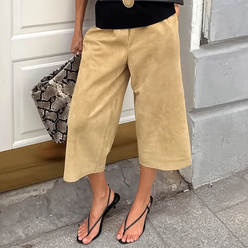 Linad Street Chic Khaki Calf Length Pants For Woman 2026 Office Lady Suede High Waist Pants Casual Loose Zipper Trousers Female